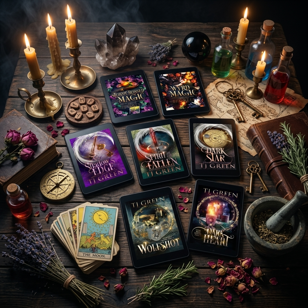 White Haven World eBook selection by TJ Green. All arranged on a wooden table with candles and occult objects