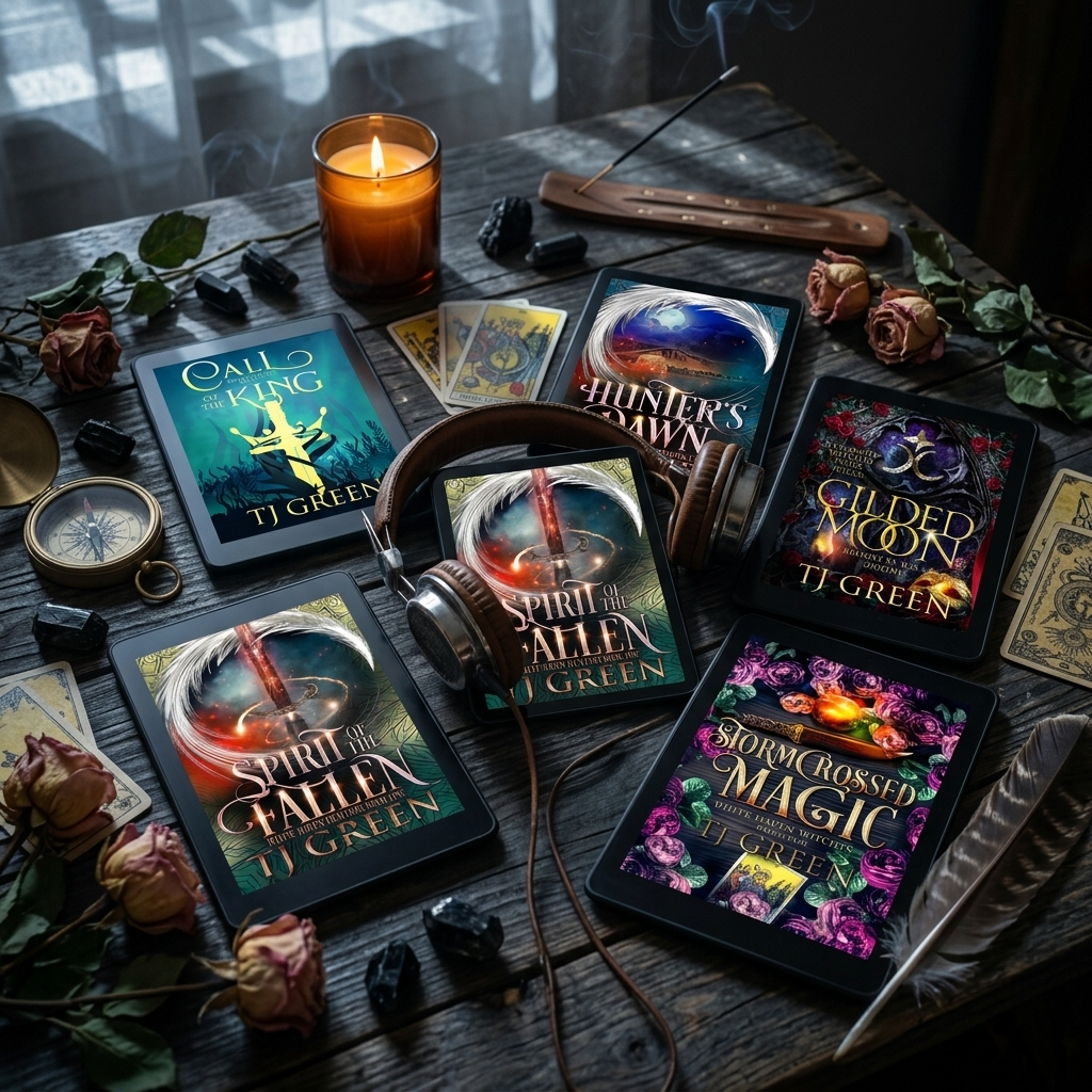 A Collection of ebooks and audiobooks on a table all in the White Haven World.. By TJ Green