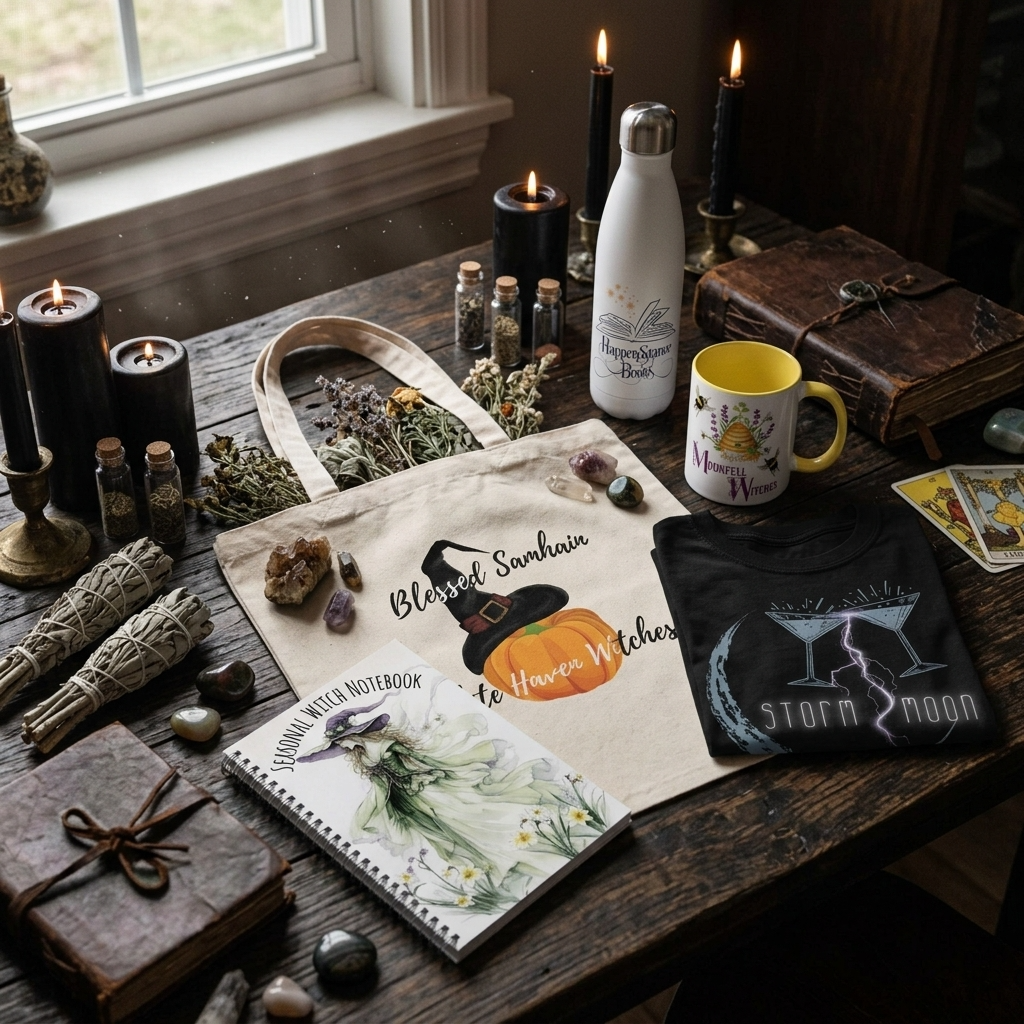 White Haven World merchandise such as mugs, t-shirts and tote bags on a table. By TJ Green. Exclusive to Happenstance Books