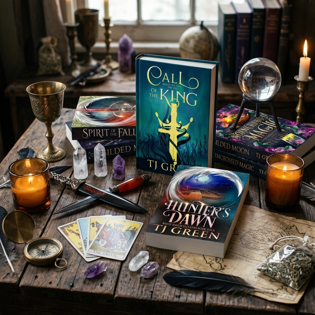 Collection of books on a wooden table with images of occult and witchcraft objects.