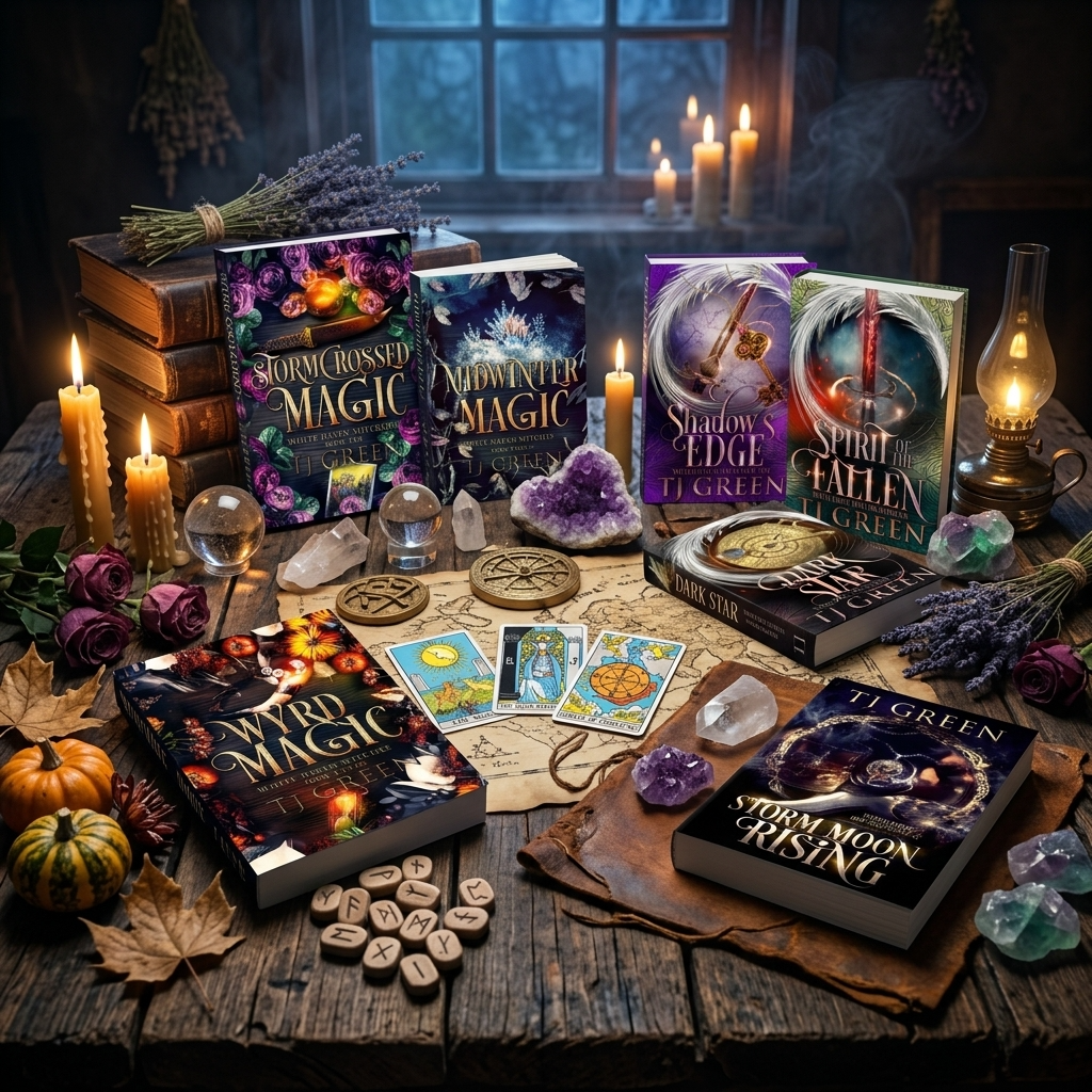 Paperback collection of books on a table under a windwo at night with candles. A selection from the White Haven World by TJ Green