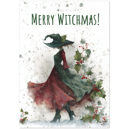 Christmas card with a witch in a red coat and green hat surrounded by holly leaves and berries, with 'Merry Witchmas!' text.