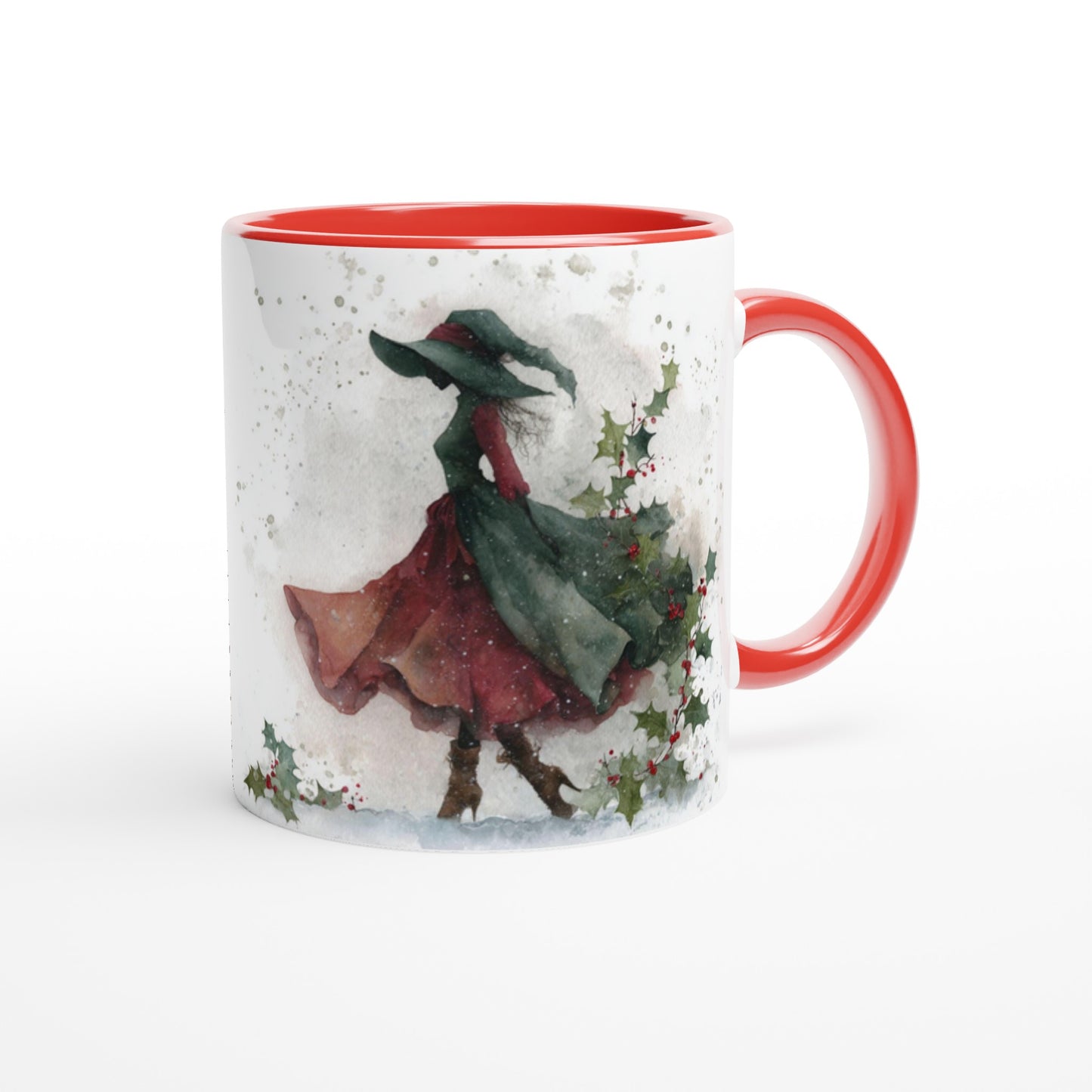 Mug with a winter scene design featuring a person in a red coat and green hat, on a white background.