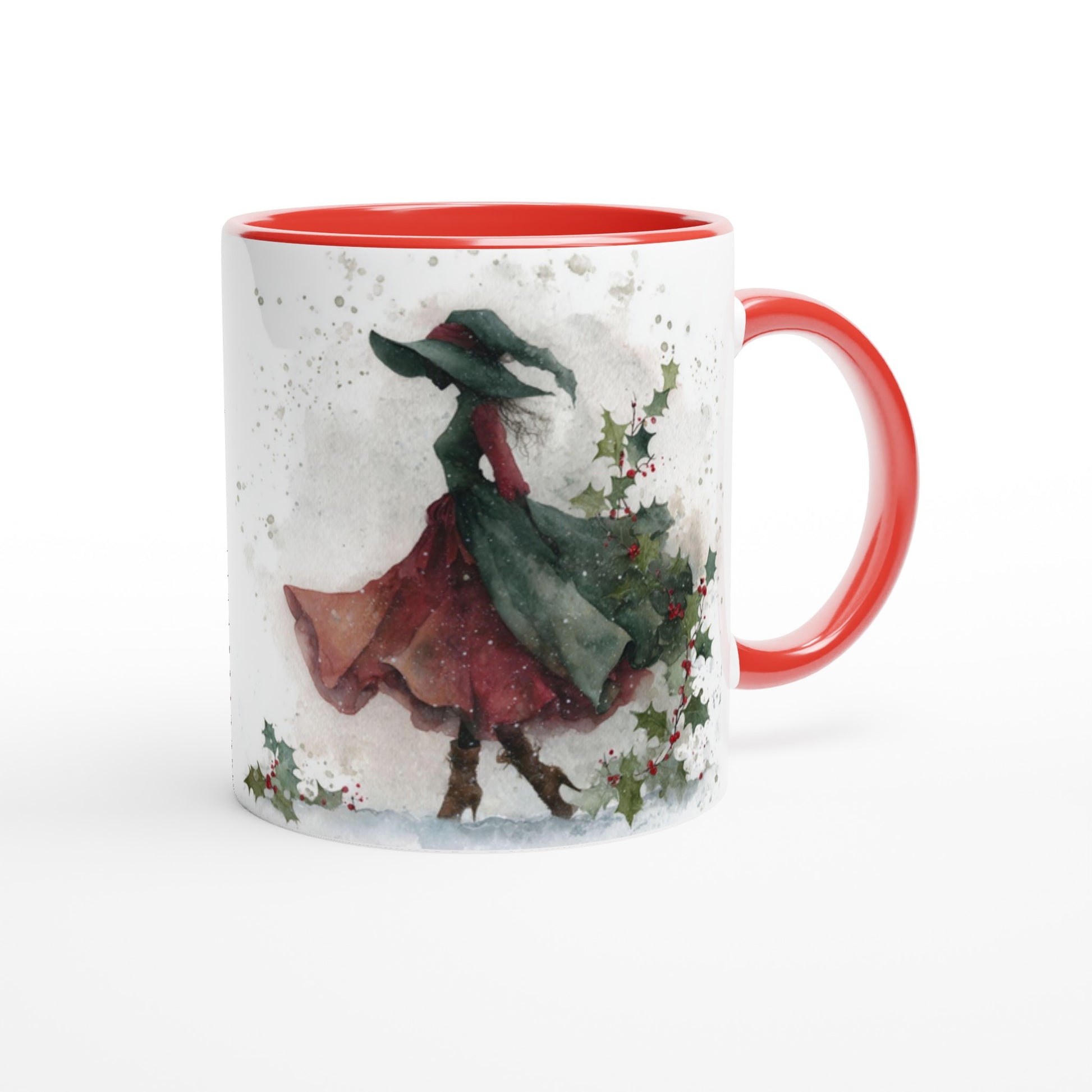 Mug with a winter scene design featuring a person in a red coat and green hat, on a white background.