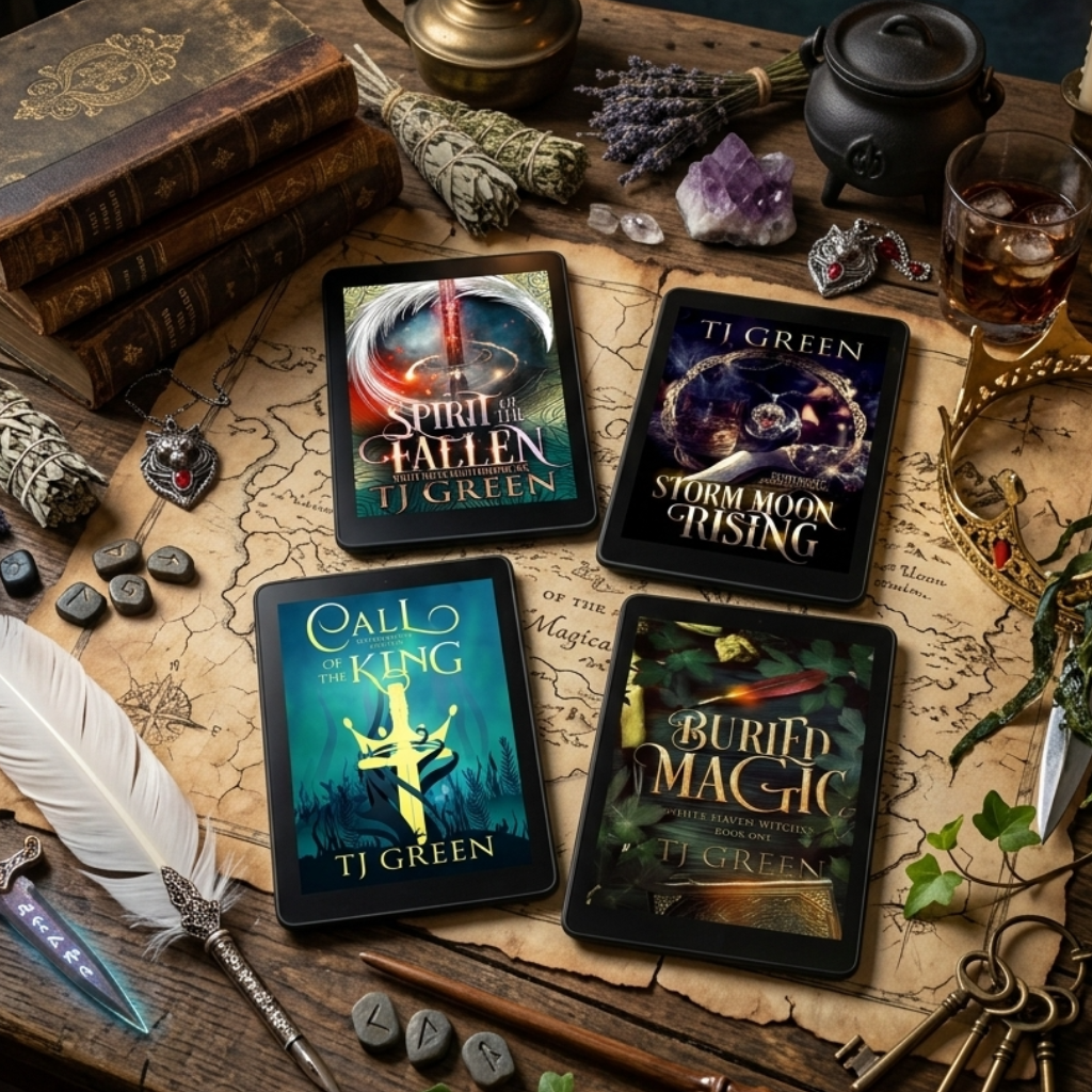 Four TJ Green book covers arranged on a rustic wooden table with candles, old books, a feather quill, keys, and other gothic-themed props. The visible titles are Spirit of the Fallen, Storm Row Rising, Callo of the King, and Buried Magic.