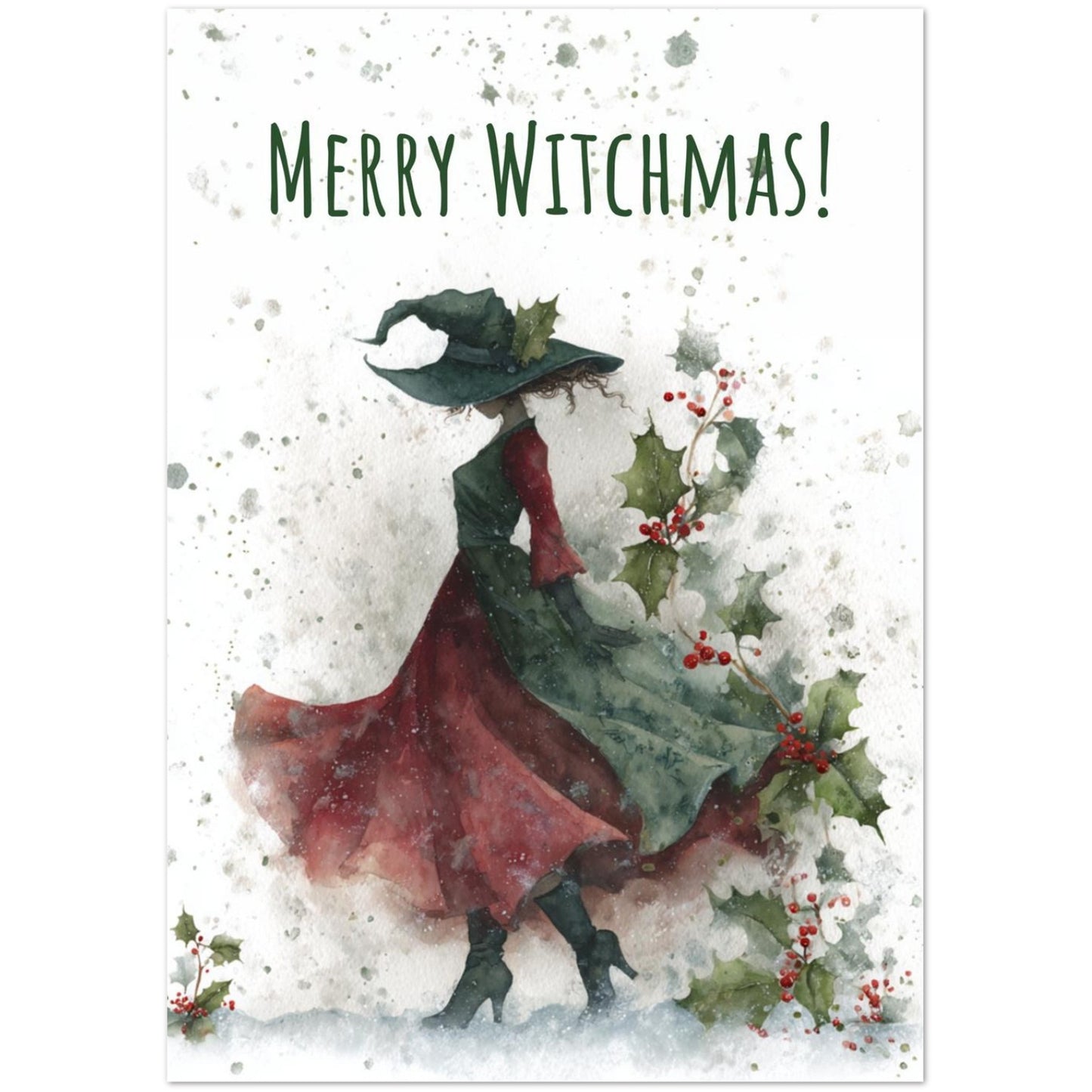 Christmas card with a witch in a red coat and green hat surrounded by holly leaves and berries, with 'Merry Witchmas!' text.