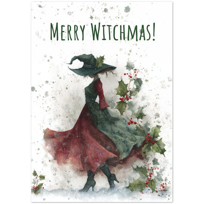 Christmas card with a witch in a red coat and green hat surrounded by holly leaves and berries, with 'Merry Witchmas!' text.