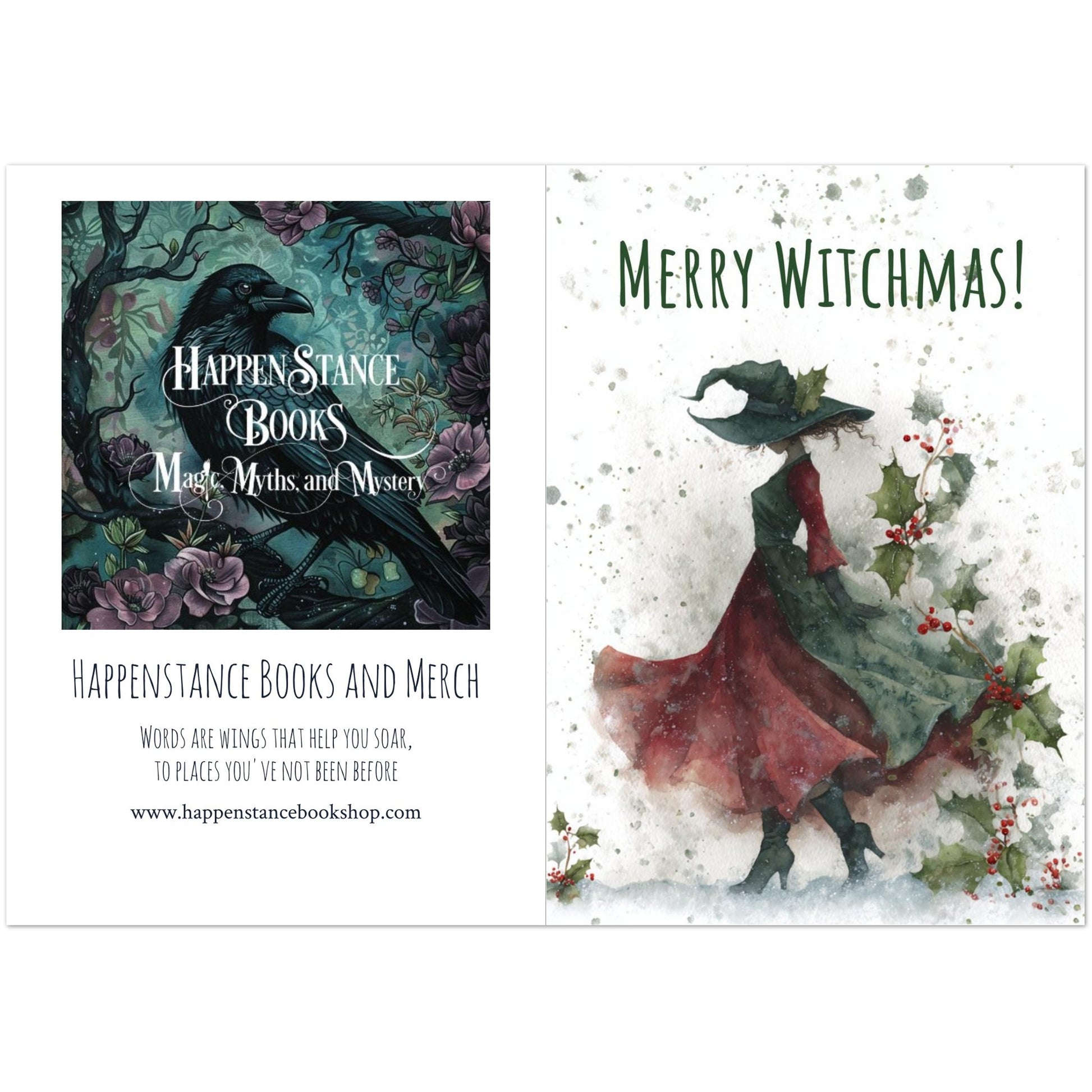 Two Christmas-themed cards with a crow and witch design, featuring Happenstance Books branding.