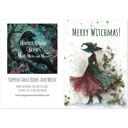 Two Christmas-themed cards with a crow and witch design, featuring Happenstance Books branding.