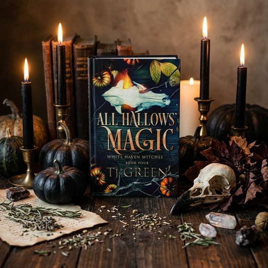 Book titled 'All Hallows' Magic' surrounded by pumpkins, candles, and a skull on a wooden surface.