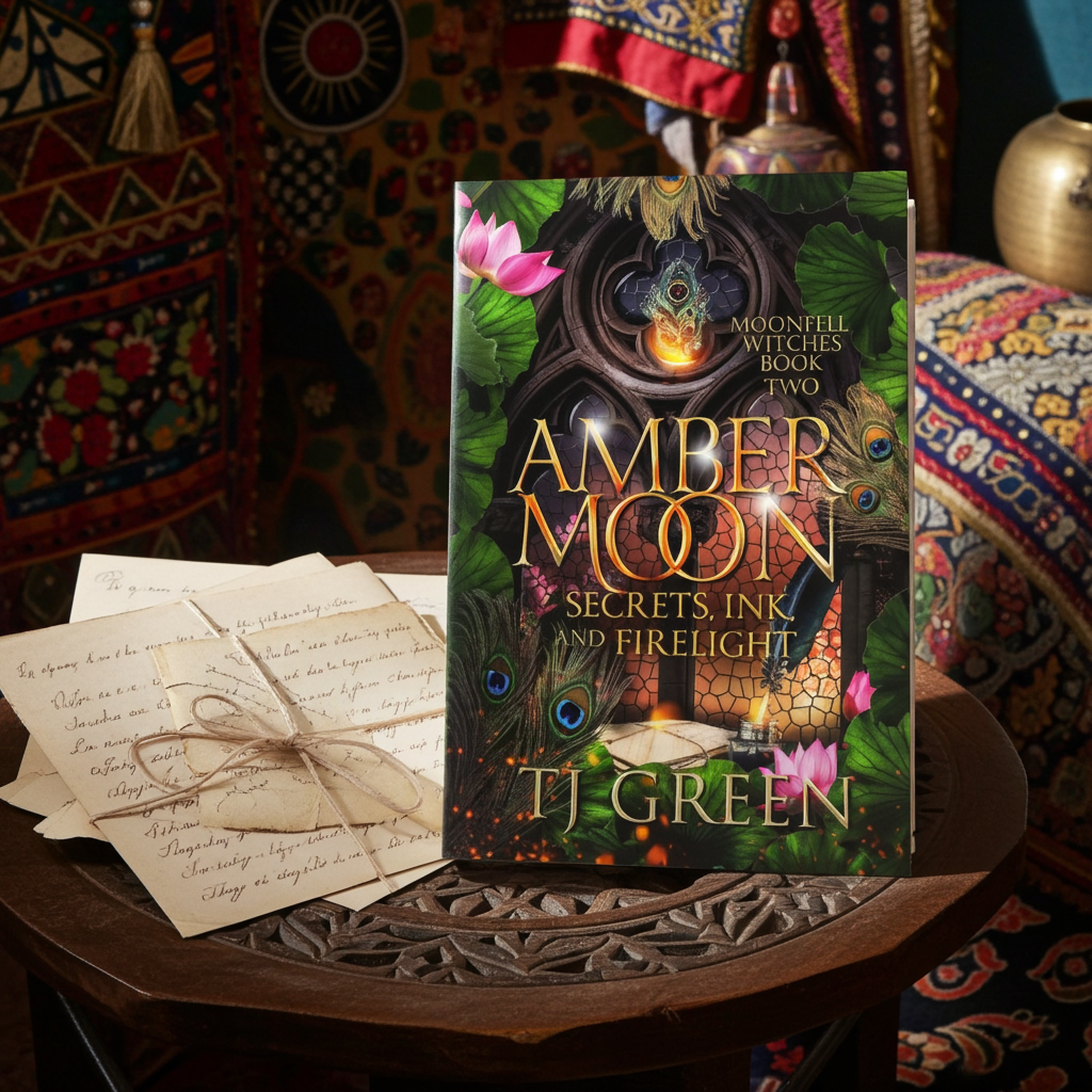 Book titled 'Amber Moon: Secrets, Ink, and Firelight' by TJ Green on a decorative surface with colorful background