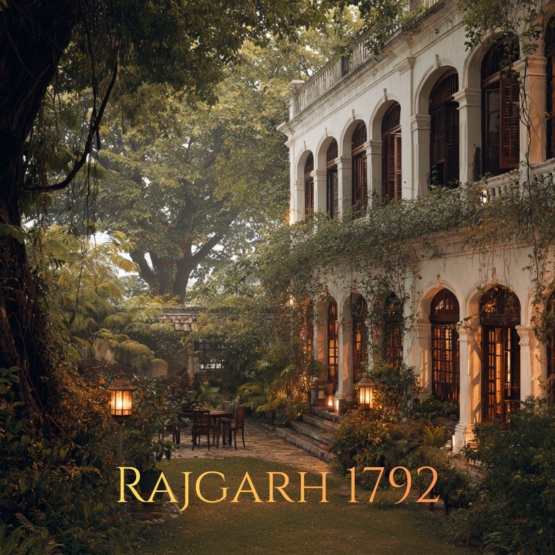 Vintage estate with 'Rajgarh 1792' text, surrounded by lush greenery.