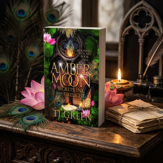 Book titled 'Amber Moon: Secrets, Ink, and Firelight' by T.J. Green on a wooden surface with candles and peacock feathers.