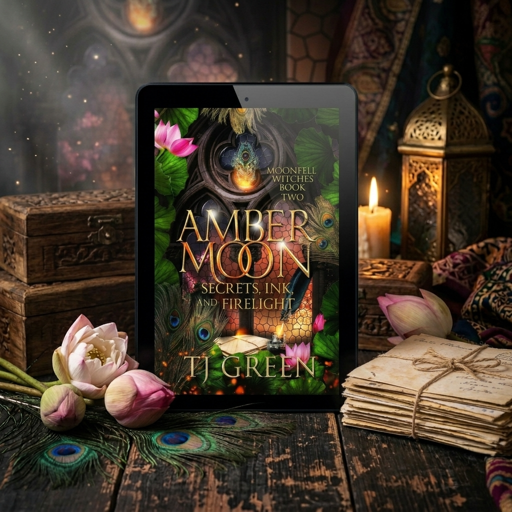 Amber Moon ebook on an old wooden table with letters, peacock feathers and a brass lamp