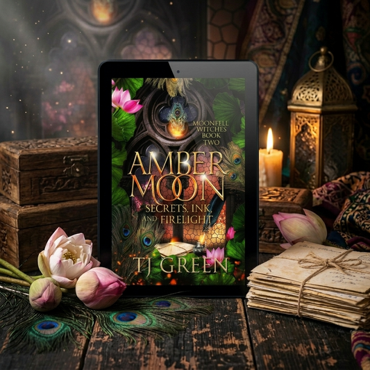 Amber Moon ebook on an old wooden table with letters, peacock feathers and a brass lamp