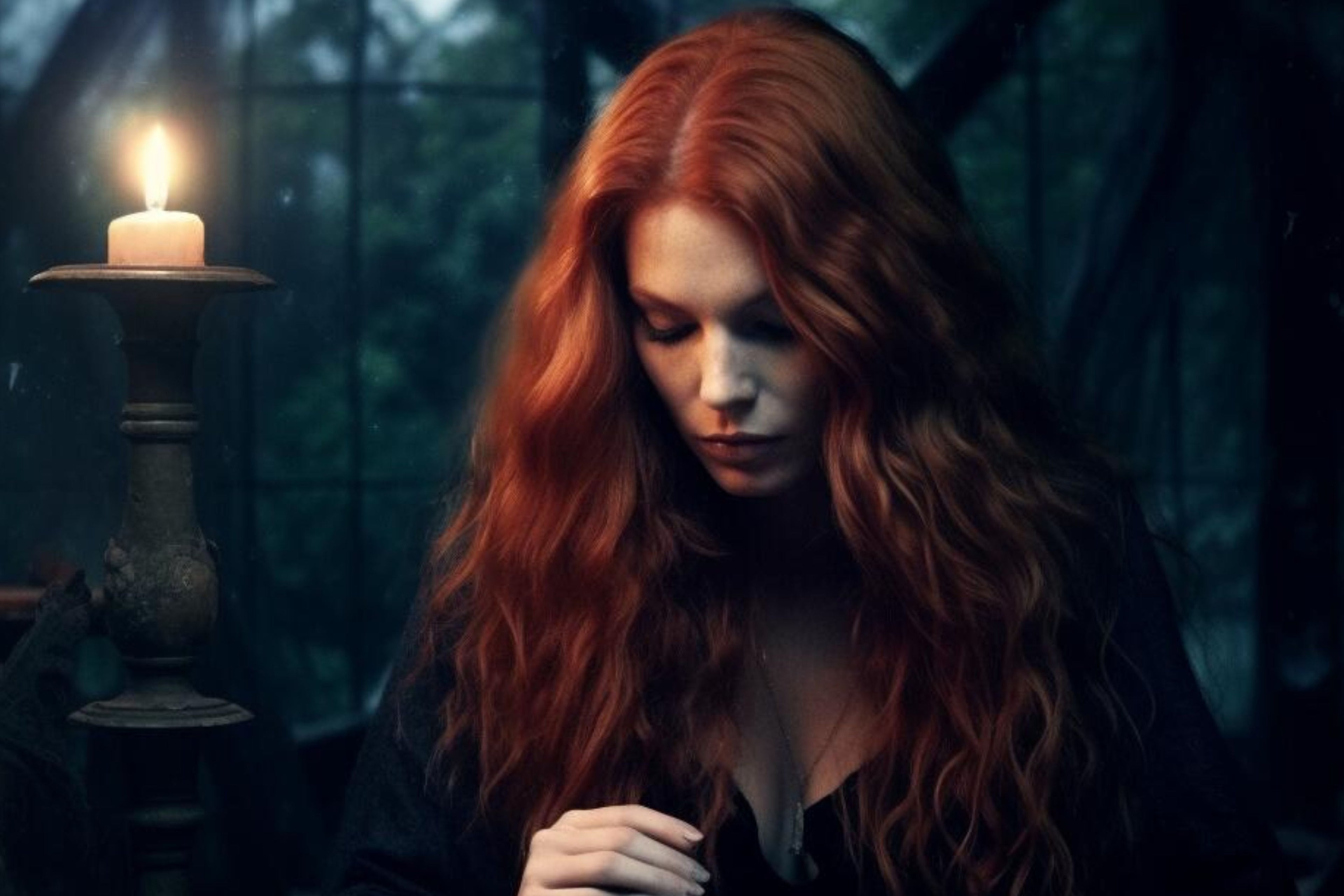 White Haven Witches. Witch Fiction, paranormal mysteries Woman with red hair reading tarot cards