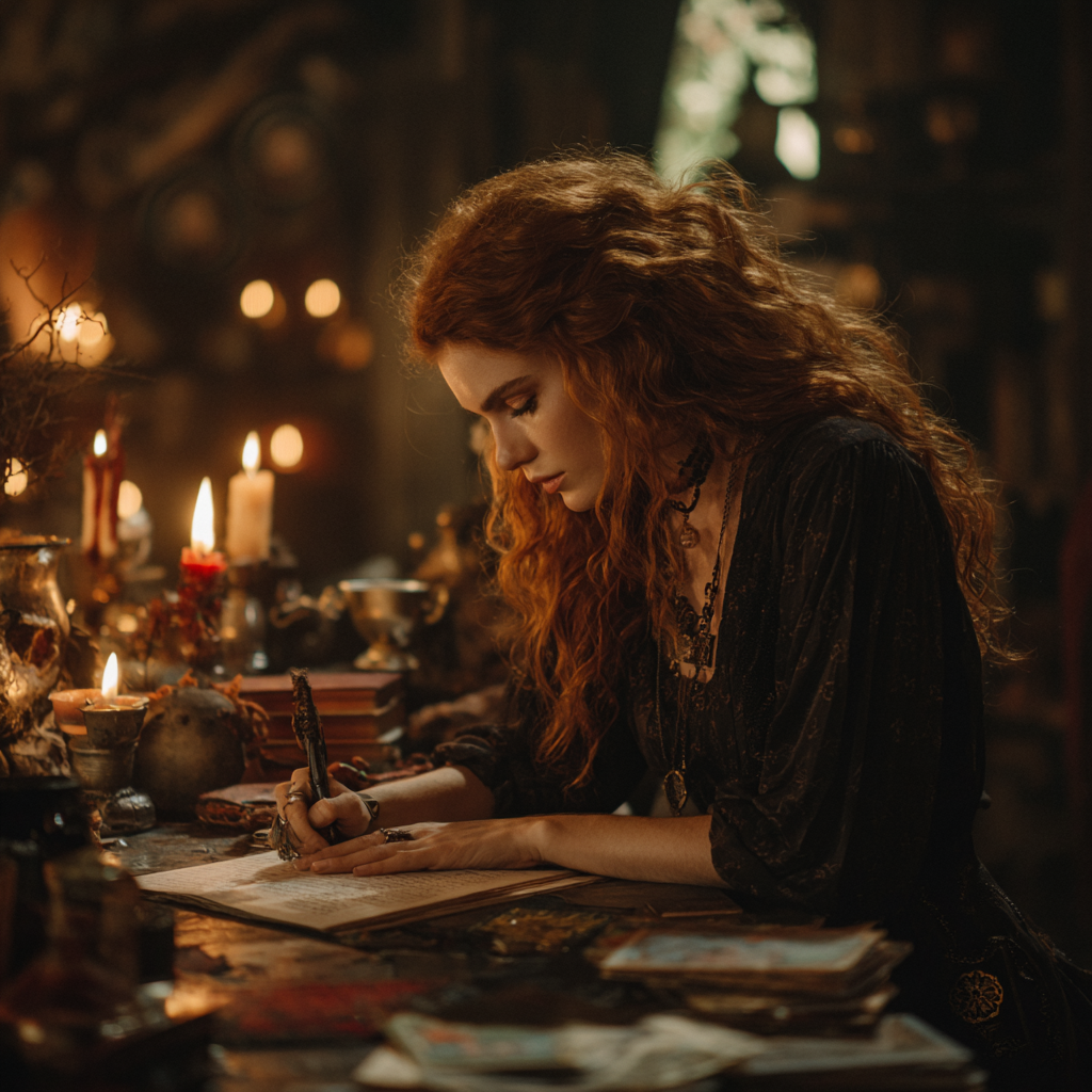 Woman with red hair writing at a table in a dimly lit room with candles and books.