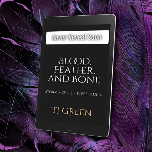 Book cover reveal for 'Blood, Feather, and Bone' by TJ Green on a black background with purple feathers.