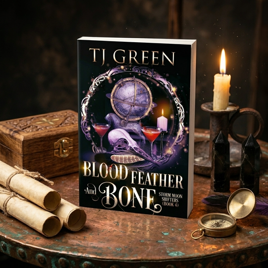 A book titled "Blood Feather And Bone" by TJ Green stands upright on a rustic table, surrounded by candles, scrolls, a wooden chest, and a small compass in a dark atmospheric setting.
