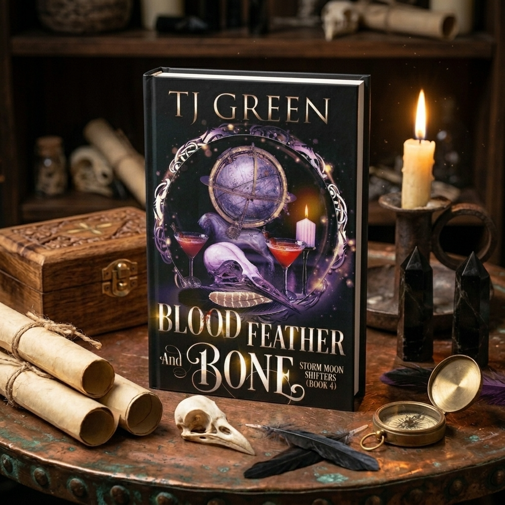 A book titled 'Blood Feather and Bone' by TJ Green stands upright on a rustic table surrounded by occult-themed props including candles, crystals, a skull, feathers, and scrolls in a dimly lit setting.