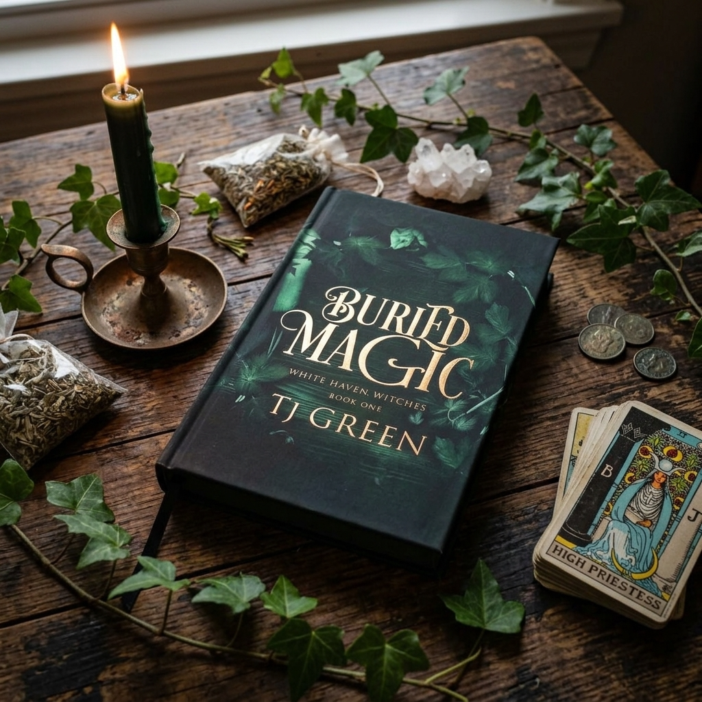 A dark green hardcover book titled 'Buried Magic: White Haven Mysteries Book 3' by TJ Green lies on a rustic wooden table surrounded by a lit green candle, crystals, dried herbs, coins, and tarot cards.