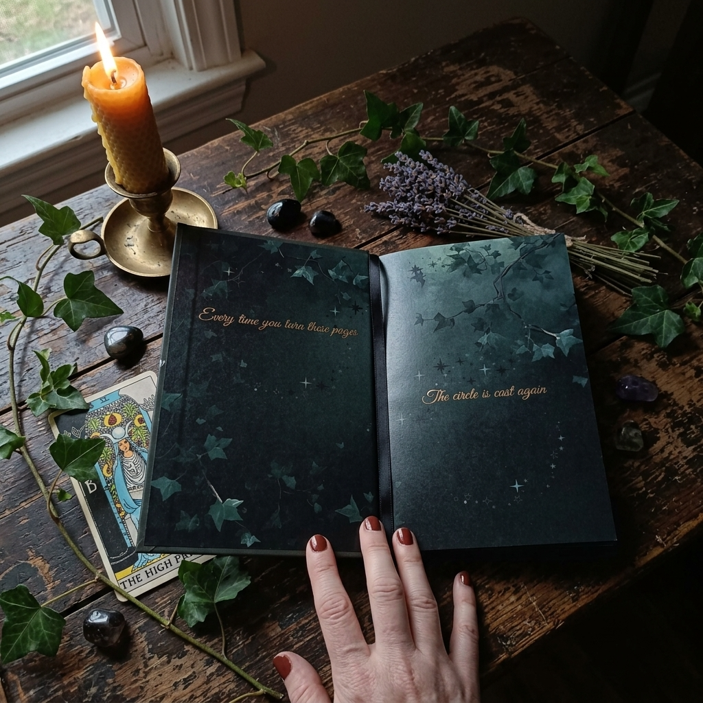 An open dark teal journal with gold gothic text lies on a rustic wooden table, surrounded by a lit candle, lavender, ivy, crystals, and a tarot card. A hand with red nail polish rests on the open book.