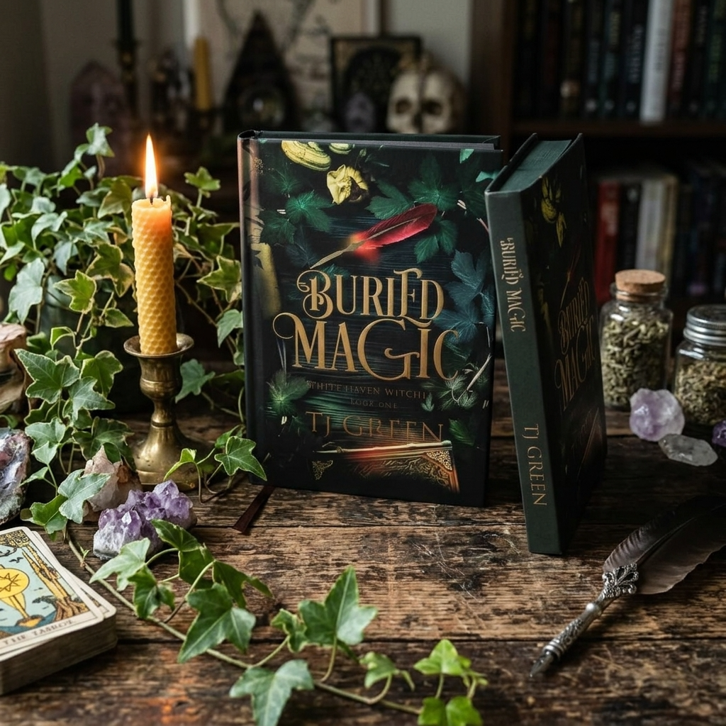 A book titled "Buried Magic" by T. Green is displayed on a rustic wooden table surrounded by candles, green ivy, crystals, and tarot cards.
