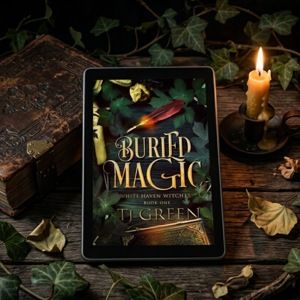 Buried Magic ebook by TJ Green on an old table with a leather bound book, a candle, and ivy.