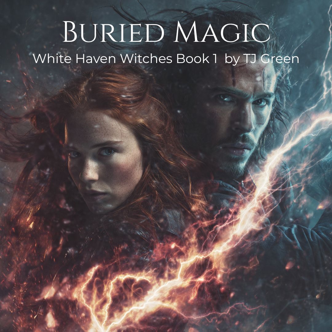 Book cover for 'Buried Magic: White Haven Witches Book 1 by TJ Green' featuring a dramatic fantasy illustration of a red-haired woman and a dark-haired man with lightning effects across the scene.