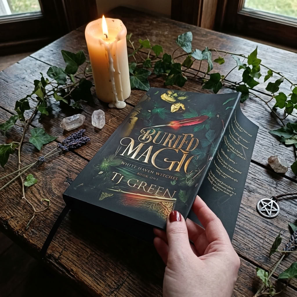 A hand holds a hardcover book titled 'Buried Magic' by Ti Green on a rustic wooden table, surrounded by a burning candle, green ivy, crystals, and a silver pentacle charm.