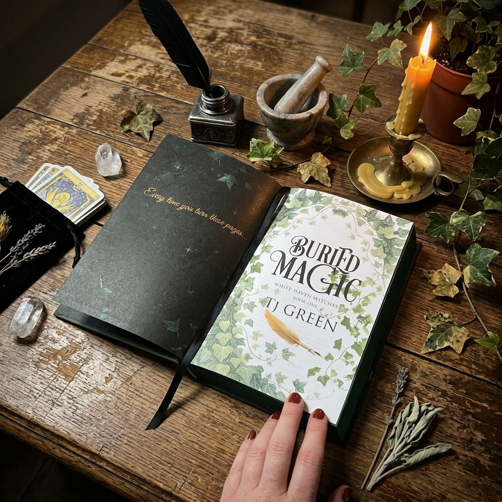 An open book titled 'Buried Magic' by T.J.
