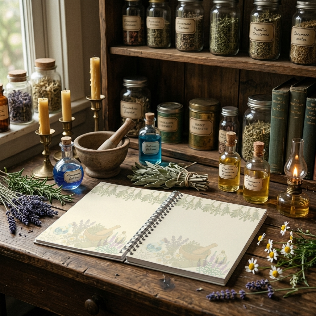 A rustic wooden table styled with an open illustrated notebook, glass jars of herbs and liquids, candles, books, lavender sprigs, and a mortar and pestle in a cozy apothecary-like setting.