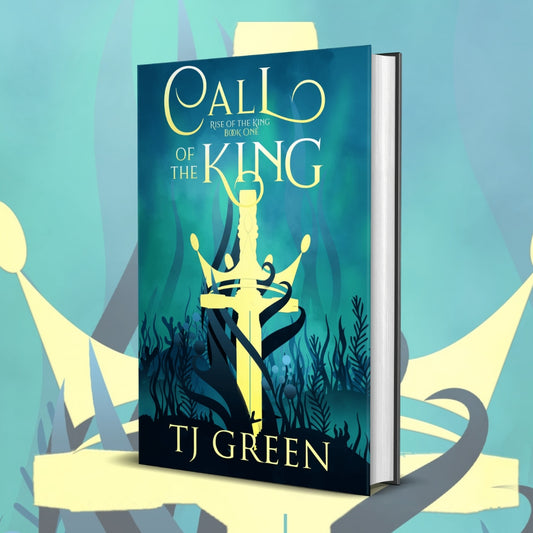 Book titled 'Call of the King' by TJ Green with a blue and yellow design on a blue background Audiobook, ebook, and paperback, Arthurian fantasy, magic, sword and sorcery
