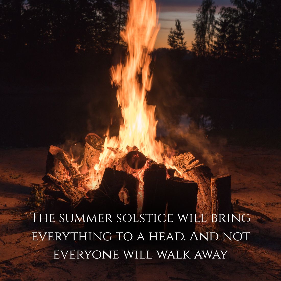 Bonfire at night with text about the summer solstice