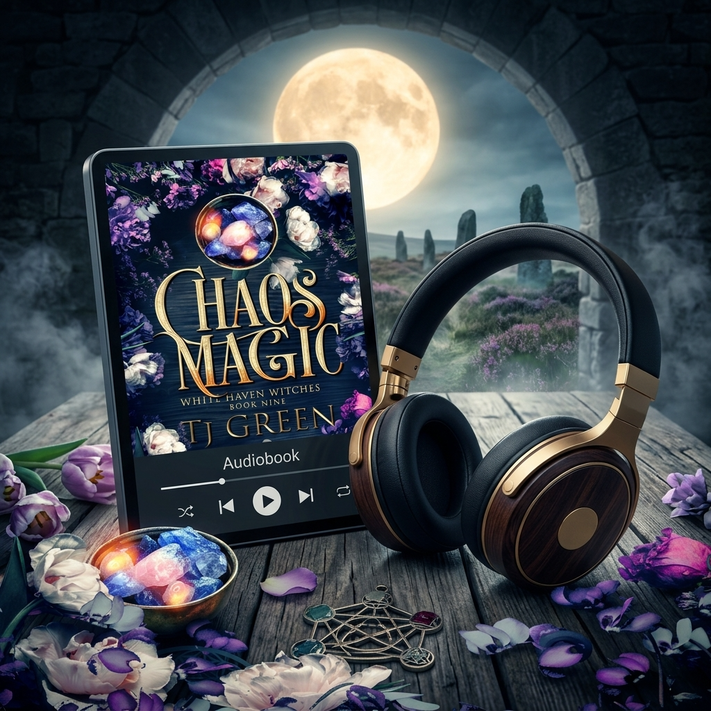 Audiobook cover of 'Chaos Magic' by T.J. Green with headphones and flowers on a mystical background.