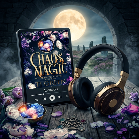 Audiobook cover of 'Chaos Magic' by T.J. Green with headphones and flowers on a mystical background.