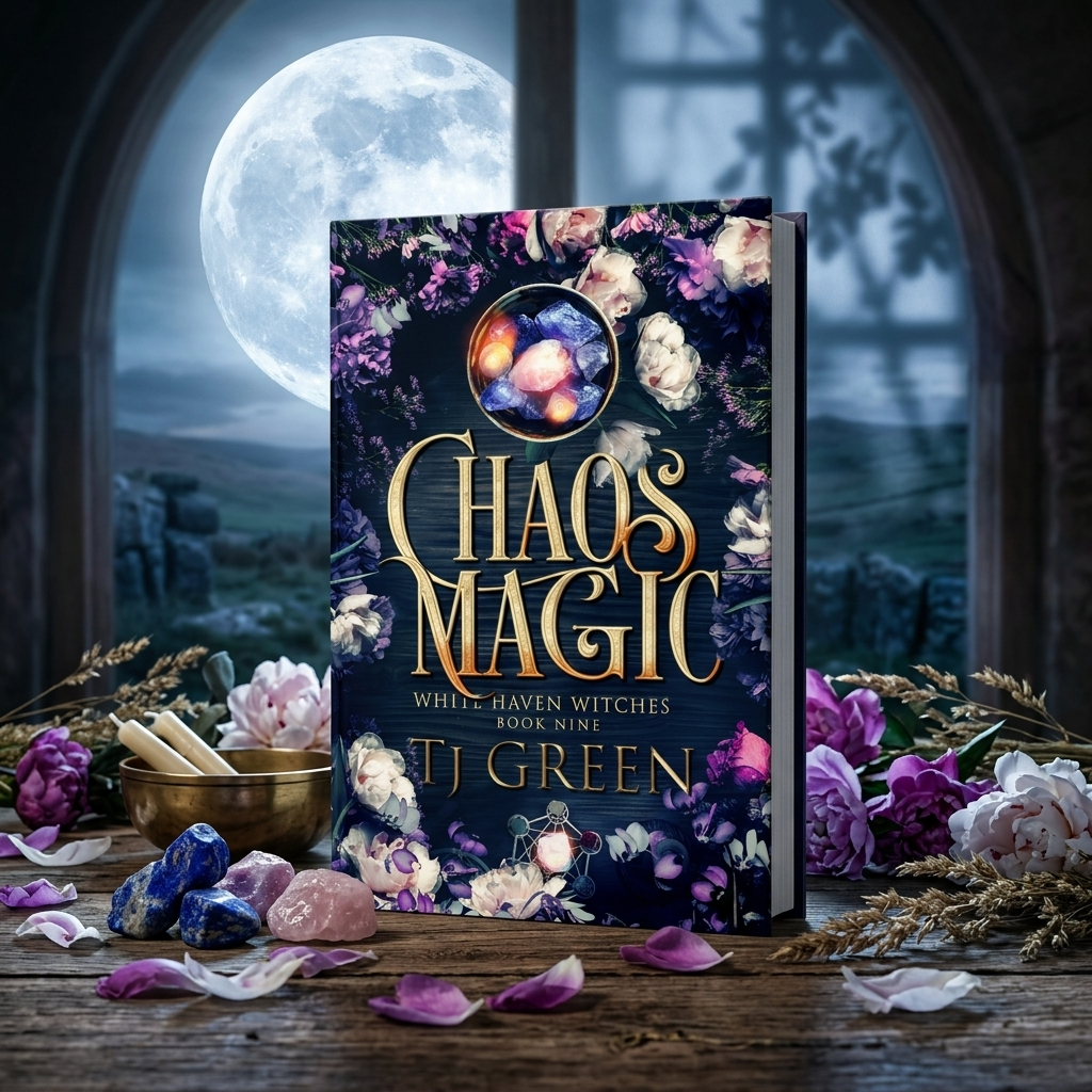 Book titled 'Chaos Magic' by TJ Green with a mystical cover design, surrounded by flowers and stones on a wooden surface with a moonlit background.
