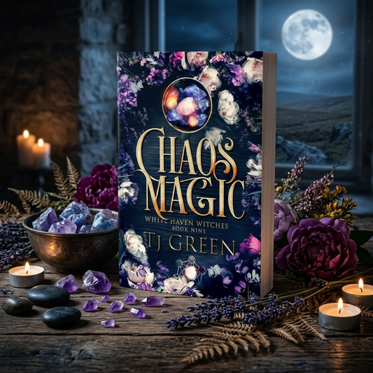 Book titled 'Chaos Magic' by T.J. Green on a mystical setting with candles, flowers, and stones.