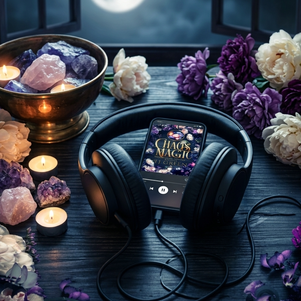 Headphones connected to a phone displaying 'Chaos Magic' surrounded by candles, crystals, and flowers on a wooden surface.