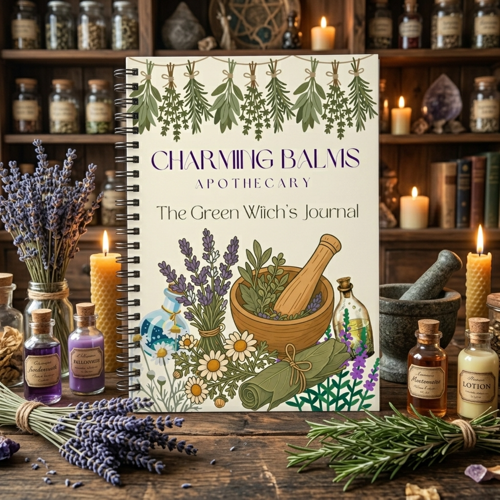 A spiral-bound journal titled 'Charmiiig Balmis Apothecary: The Green Witch's Journal' stands on a rustic wooden table surrounded by lavender bundles, small apothecary bottles, candles, and herbal ingredients. The journal cover features botanical illustrations of herbs, flowers, a mortar and pestle, and glass bottles.