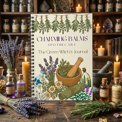 A spiral-bound journal titled 'Charmiiig Balmis Apothecary: The Green Witch's Journal' stands on a rustic wooden table surrounded by lavender bundles, small apothecary bottles, candles, and herbal ingredients. The journal cover features botanical illustrations of herbs, flowers, a mortar and pestle, and glass bottles.