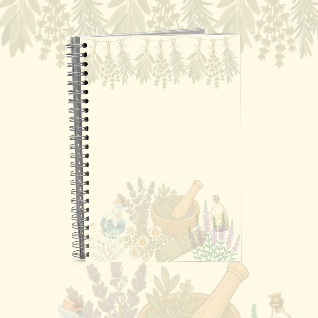 A spiral-bound notebook with a botanical illustration on the cover, featuring herbs, flowers, a mortar and pestle, and small glass bottles. The notebook is shown against a matching cream-colored background with a subtle, faded version of the same illustration.