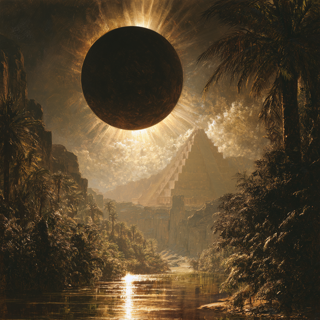 A dramatic fantasy landscape artwork showing a large dark celestial sphere with intense golden rays over a tropical jungle river scene, with palm trees, rocky cliffs, and a stepped pyramid in the distance.