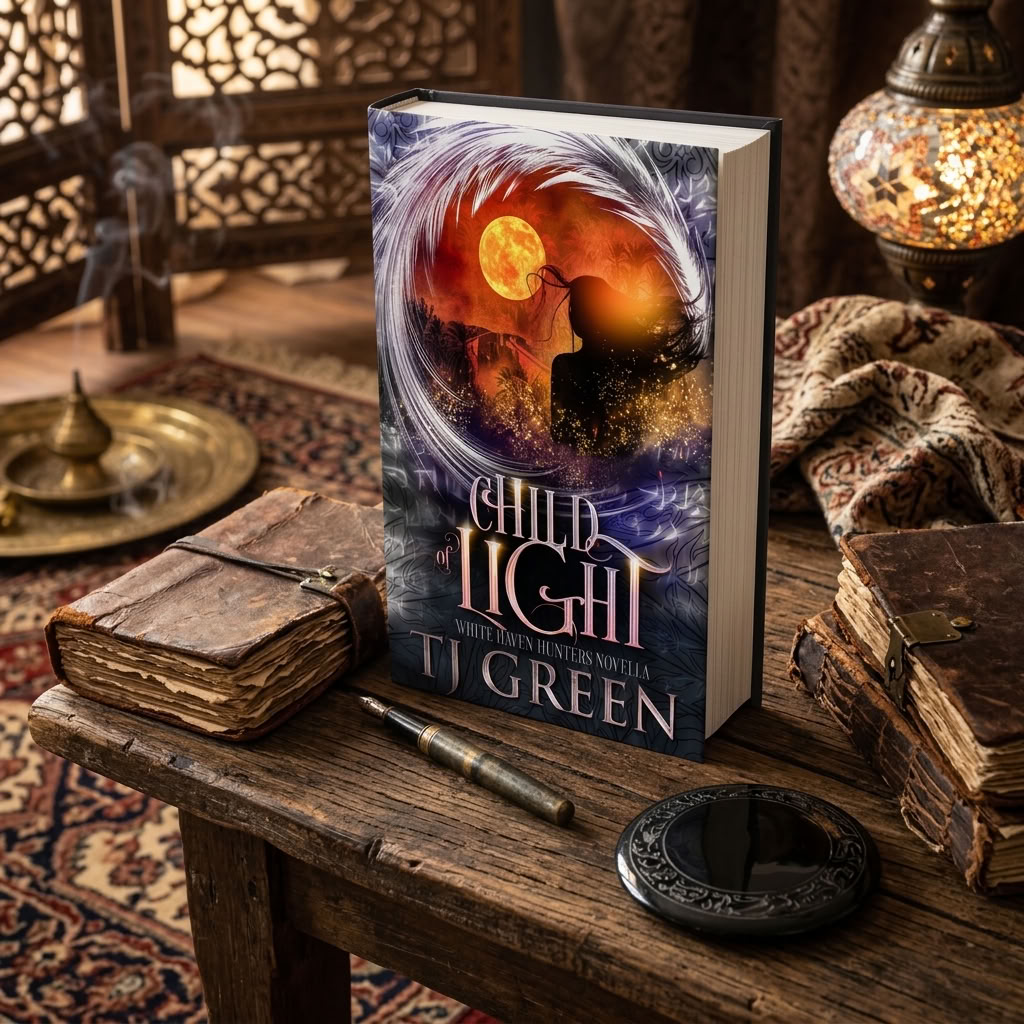 A hardcover book titled 'Child Light' by TJ Green stands upright on a rustic wooden table surrounded by vintage books, a brass inkwell, and warm ambient decor. The cover art features a dramatic fantasy scene with a glowing moon, swirling light effects, and the author's name at the bottom.