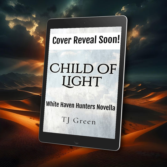 A digital mockup of a tablet displaying the cover of a novella titled 'Child of Light' by TJ Green, with the text 'Cover Reveal Soon!' at the top. The tablet is set against a dramatic background of dark storm clouds and glowing orange desert sand dunes.