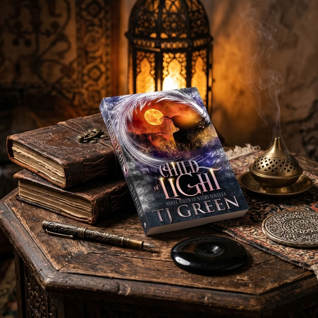 A book titled 'Child of Light' by TJ Green is displayed on a rustic wooden table surrounded by thematic props, including an open book, a brass incense burner with visible smoke, a black inkwell, and a glowing lantern in the background.