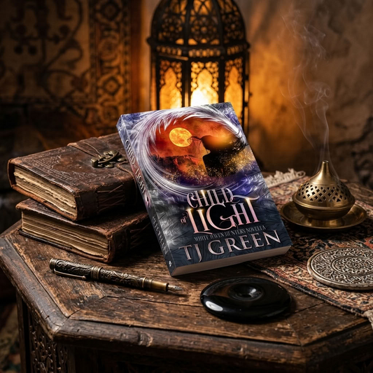 A book titled 'Child of Light' by TJ Green is displayed on a rustic wooden table surrounded by thematic props, including an open book, a brass incense burner with visible smoke, a black inkwell, and a glowing lantern in the background.