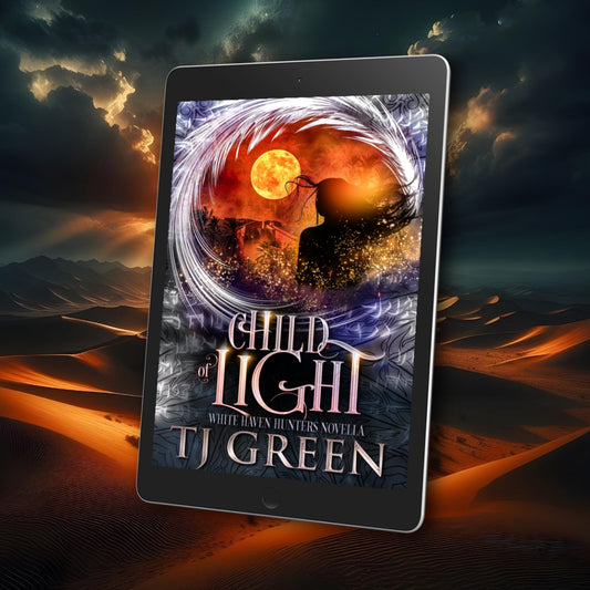 A tablet device displaying the book cover of 'Child of Light' by TJ Green, set against a dramatic desert landscape with dark clouds and glowing orange dunes.