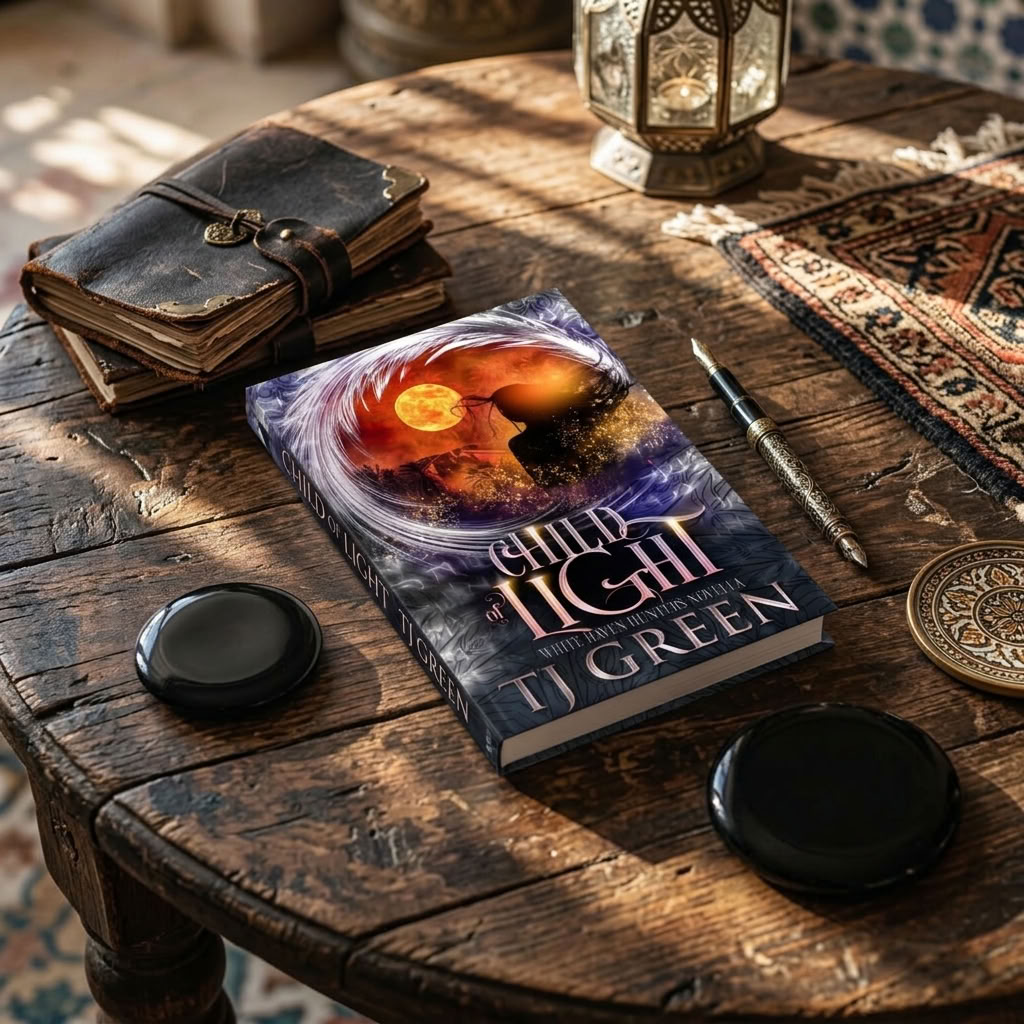 A book titled 'Child of Light' by TJ Green is displayed on a rustic wooden table surrounded by vintage props including a leather-bound journal, a lantern, a pen, and small black round cases.
