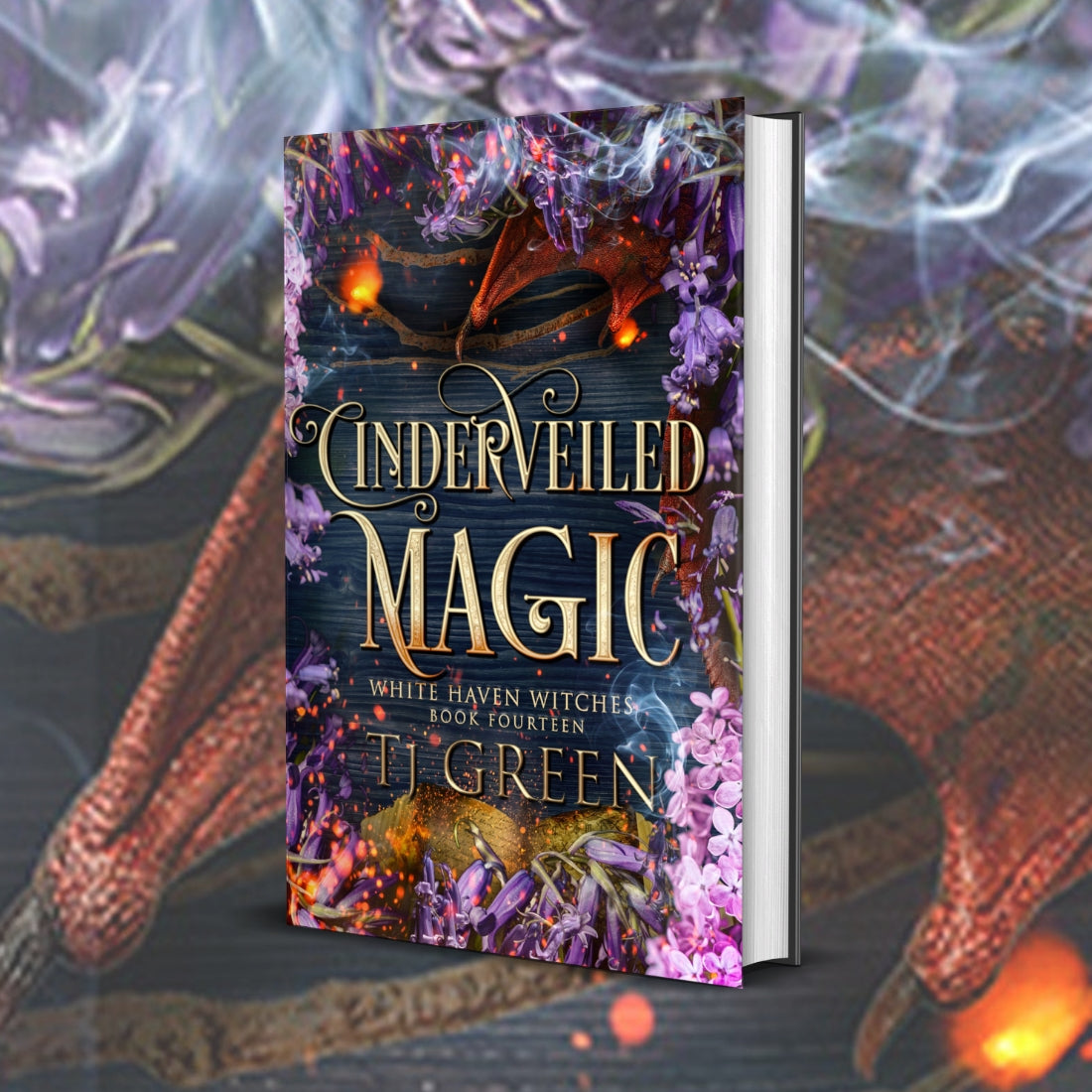 Cinderveiled Magic book on a background of smoke and dragon wing